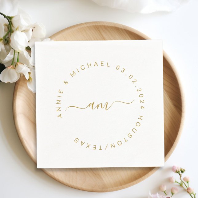 Monogram,Modern, Minimal Wedding Napkin (Monogram, modern, minimal, white wedding napkin. Personalized with your name and date.)