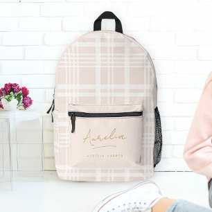Monogram Modern Minimalist Blush Pink Gold Plaid Printed Backpack