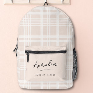 Monogram Modern Minimalist Blush Pink Script Plaid Printed Backpack