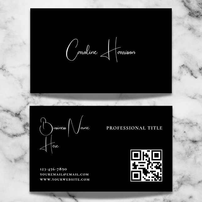 Monogram Modern Minimalist Feminine QR code Black Business Card (Creator Uploaded)