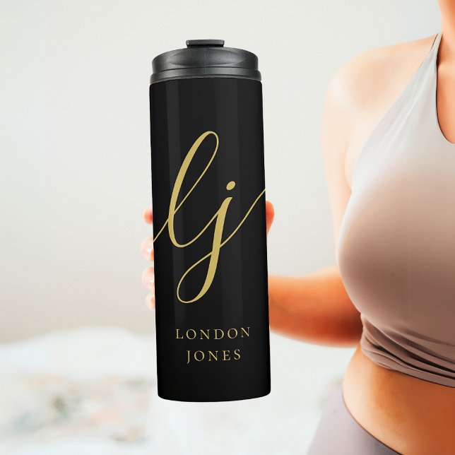 Monogram Modern Minimalist Gold Script Calligraphy Thermal Tumbler (Creator Uploaded)