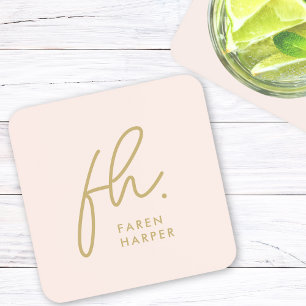 Monogram Modern Minimalist Script Blush Pink Gold Coaster