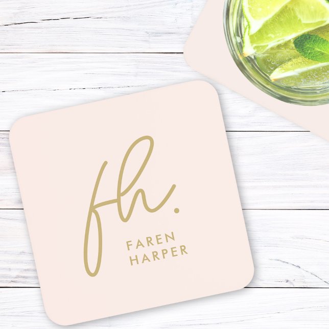 Monogram Modern Minimalist Script Blush Pink Gold Coaster (Creator Uploaded)