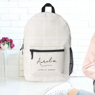 Monogram Modern Minimalist Script Neutral Plaid Printed Backpack
