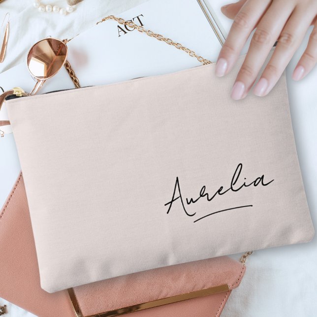 Monogram Modern Minimalist Signature Blush Pink Accessory Pouch (Creator Uploaded)