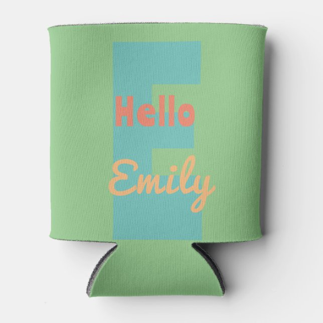 monogram modern mint coral pink peach can cooler (Front)