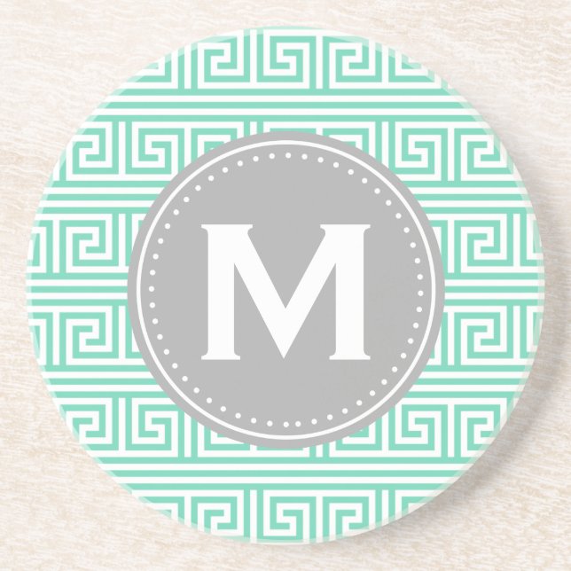 Monogram Modern Mint Greek Key Pattern Coaster (Front)