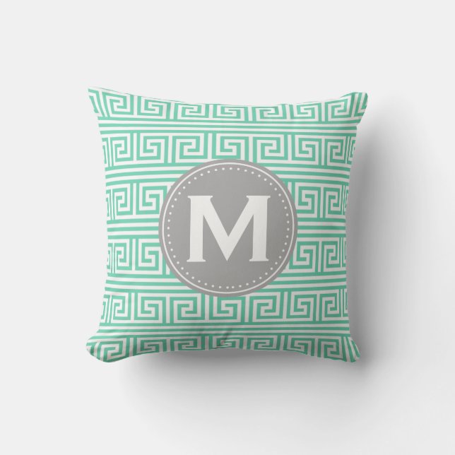 Monogram Modern Mint Greek Key Pattern Cushion (Front)