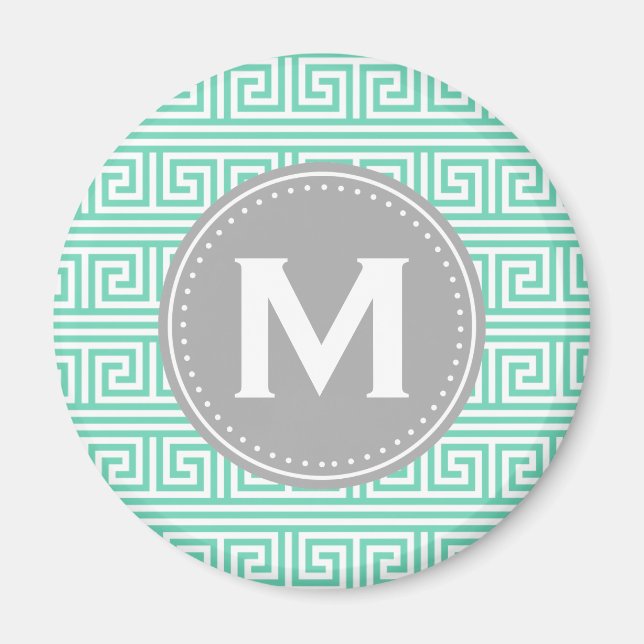 Monogram Modern Mint Greek Key Pattern Magnet (Front)
