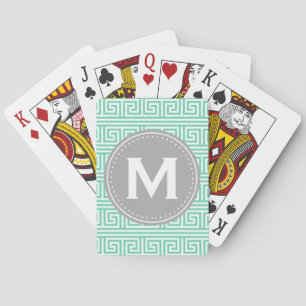 Monogram Modern Mint Greek Key Pattern Playing Cards