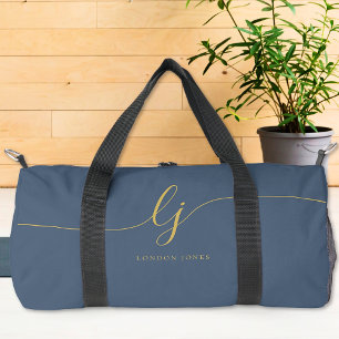 Monogram Modern Navy Blue Gold Script Stylish Duffle Bag