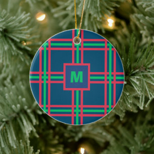 Monogram Modern Navy Blue Green Plaid Holiday Ceramic Tree Decoration
