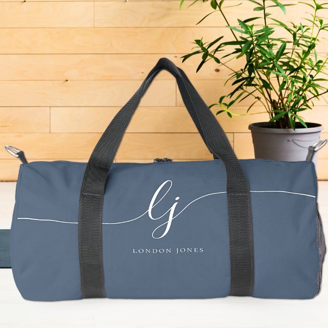 Monogram Modern Navy Blue White Script Stylish Duffle Bag (Creator Uploaded)
