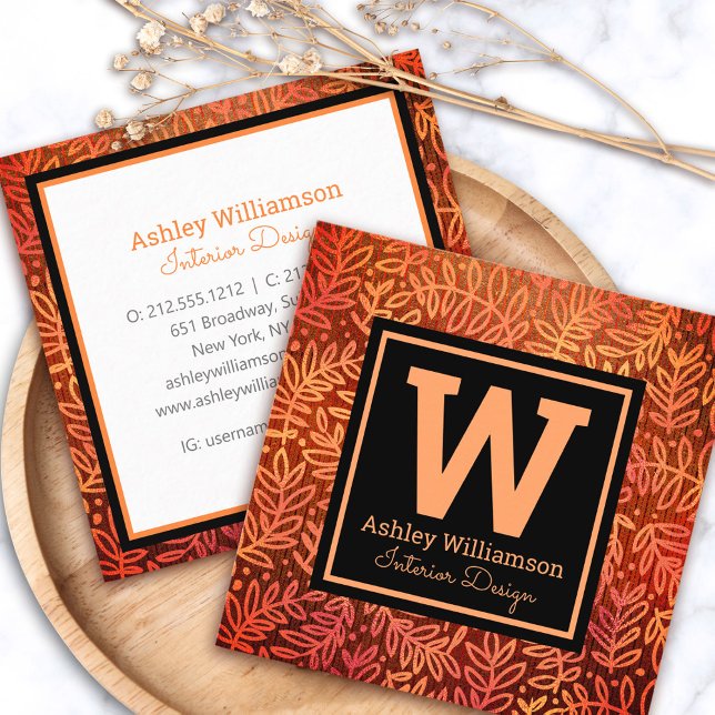Monogram modern orange gold foliage leaves pattern square business card (Creator Uploaded)