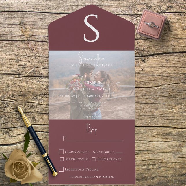 Monogram Modern Photo Burgundy Wine Dinner All In One Invitation (Creator Uploaded)