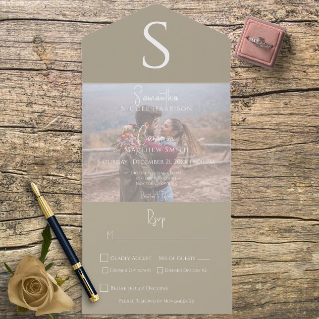 Monogram Modern Photo Khaki Tan Dinner All In One Invitation (Creator Uploaded)