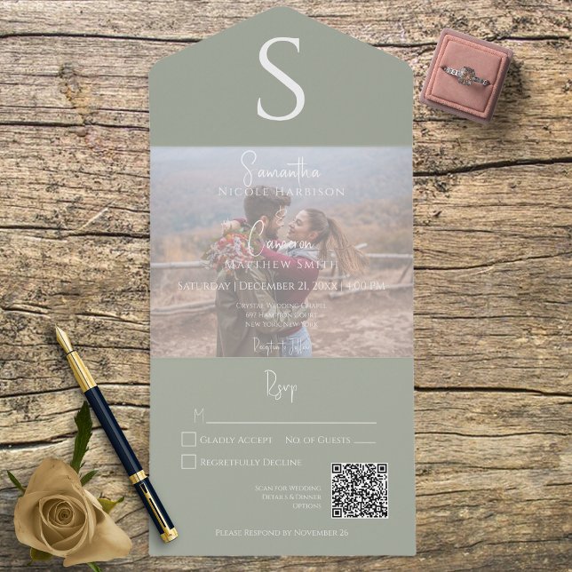 Monogram Modern Photo Sage Green QR Code All In One Invitation (Creator Uploaded)
