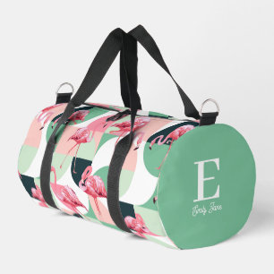 Monogram Modern Pink Flamingo Geometric Girly Name Duffle Bag