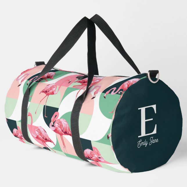 Monogram Modern Pink Flamingo Geometric Girly Name Duffle Bag (Left Corner)