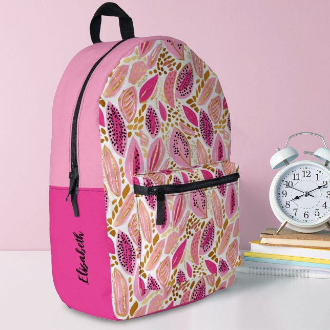 Monogram Modern Pink Gold Cute Girls School Printed Backpack (A pretty pink and gold abstract leaf pattern. decorates this girl's school backpack. So stylish!)