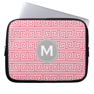 Monogram Modern Pink Greek Key Pattern Laptop Sleeve