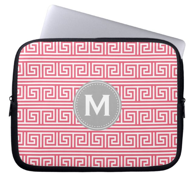 Monogram Modern Pink Greek Key Pattern Laptop Sleeve (Front)
