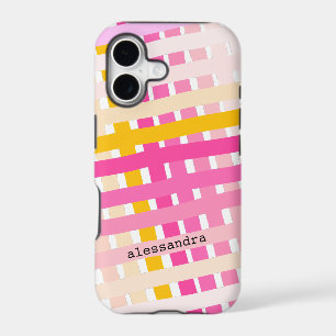 Monogram Modern Pink Yellow Check Plaid Striped