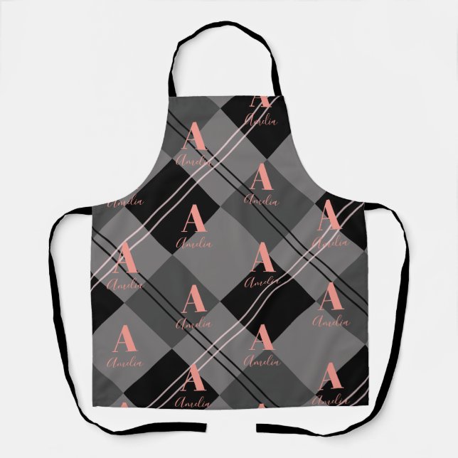 Monogram Modern Plaid Grey Black Pink Apron (Front)