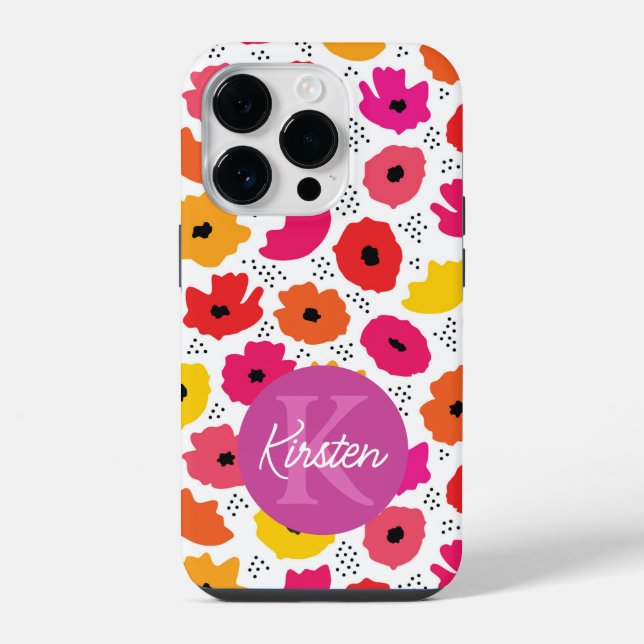 Monogram Modern Poppy Floral Pattern Script Name  iPhone Case (Back)