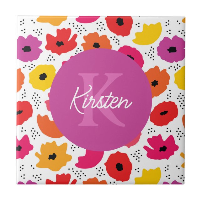 Monogram Modern Poppy Floral Pattern Script Name  Tile (Front)