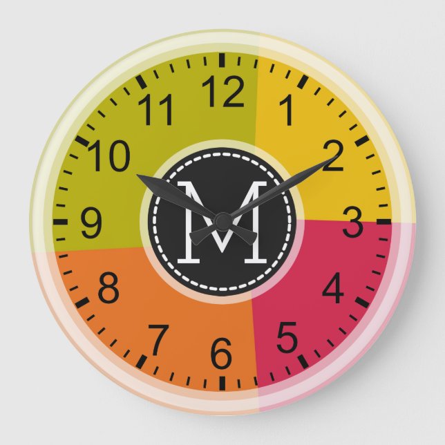 Monogram Modern Retro Colors Geometric Large Clock (Front)