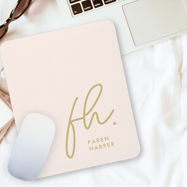 Monogram Modern Script Blush Pink Gold Initials Mouse Pad (Creator Uploaded)