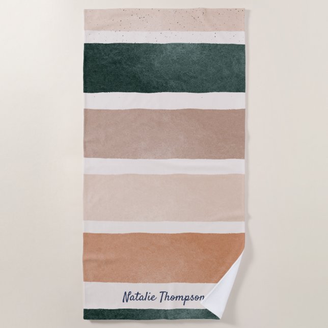 Monogram modern script Earthy stripes summer Beach Towel (Front)