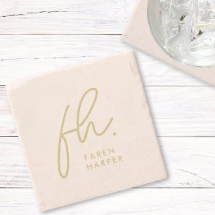 Monogram Modern Script Elegant Blush Pink Gold Stone Coaster