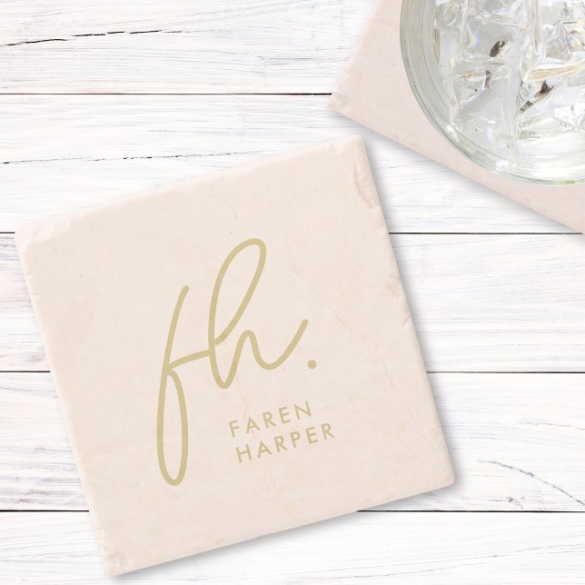 Monogram Modern Script Elegant Blush Pink Gold Stone Coaster (Creator Uploaded)