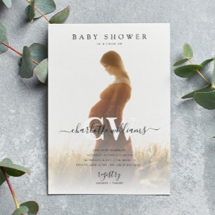 Monogram Modern Script Photo Baby Shower Invitation