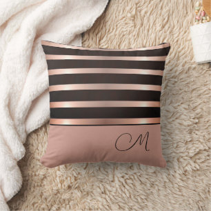 Monogram Modern Shimmery Pink Stripes Throw Pillow