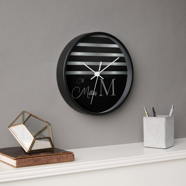 Monogram Modern Silver Stripes Family Name Clock (Office)