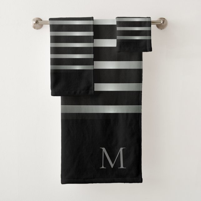 Monogram Modern Silver Stripes on Black Bath Towel Set (Insitu)
