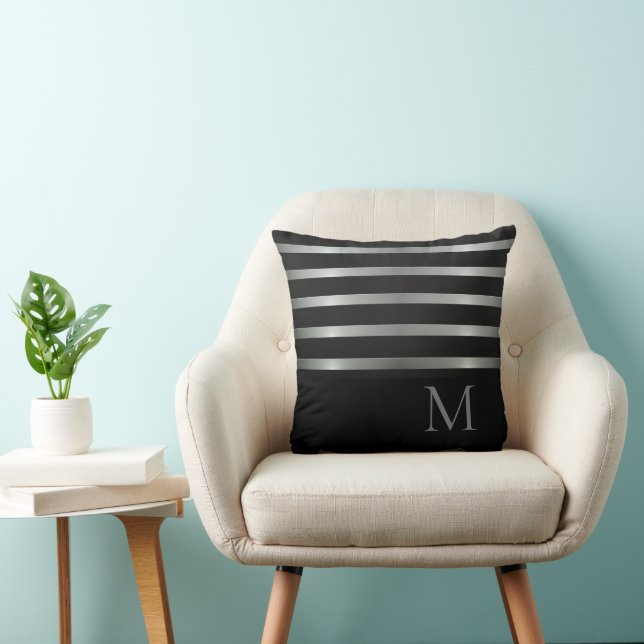 Monogram Modern Silver Stripes on Black Cushion (Chair)