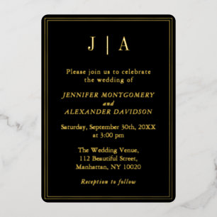 Monogram Modern Simple Black And Gold Wedding