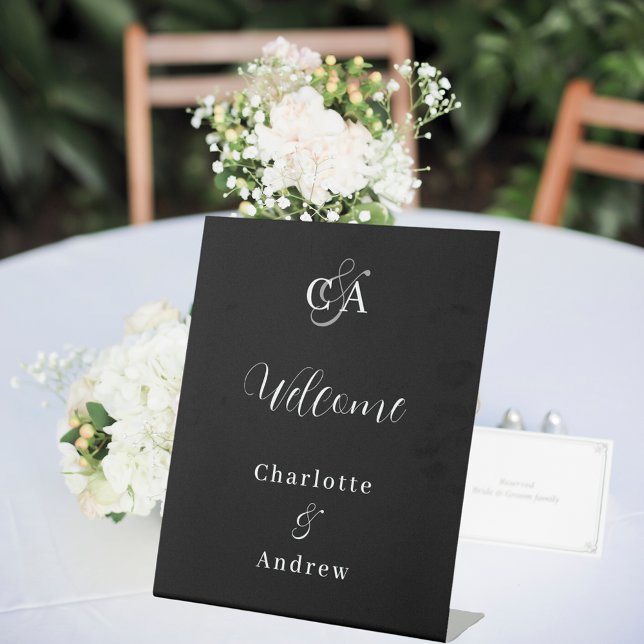 Monogram modern simple black wedding welcome pedestal sign (Creator Uploaded)