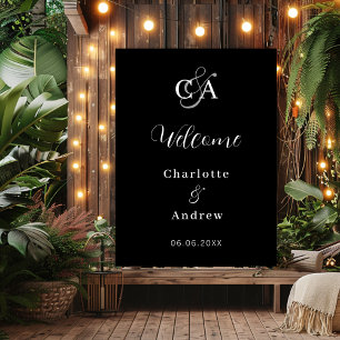 Monogram modern simple black wedding welcome poster