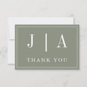 Monogram Modern Simple Sage Green White Wedding Thank You Card