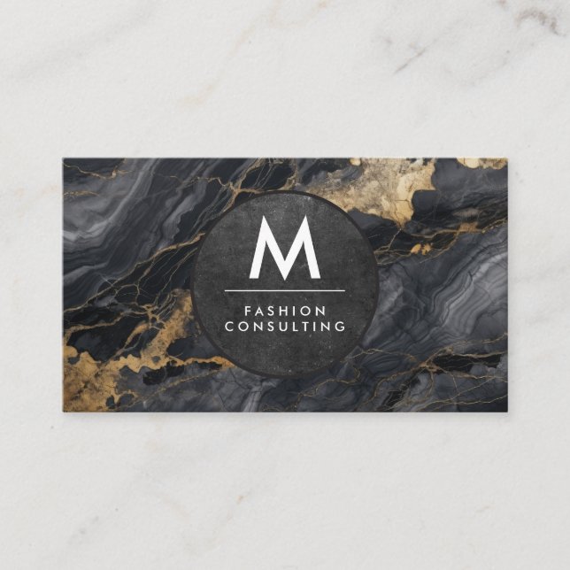 Monogram Modern Slate | Black Marble Business Card (Front)