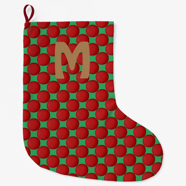 Monogram Modern Stylish Red Polka Dot Large Christmas Stocking (Front)