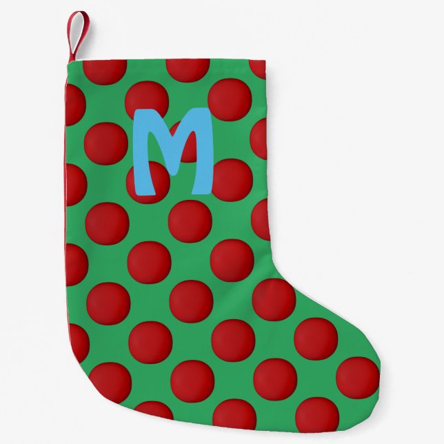 Monogram Modern Stylish Red Polka Dot Small Christmas Stocking (Front)