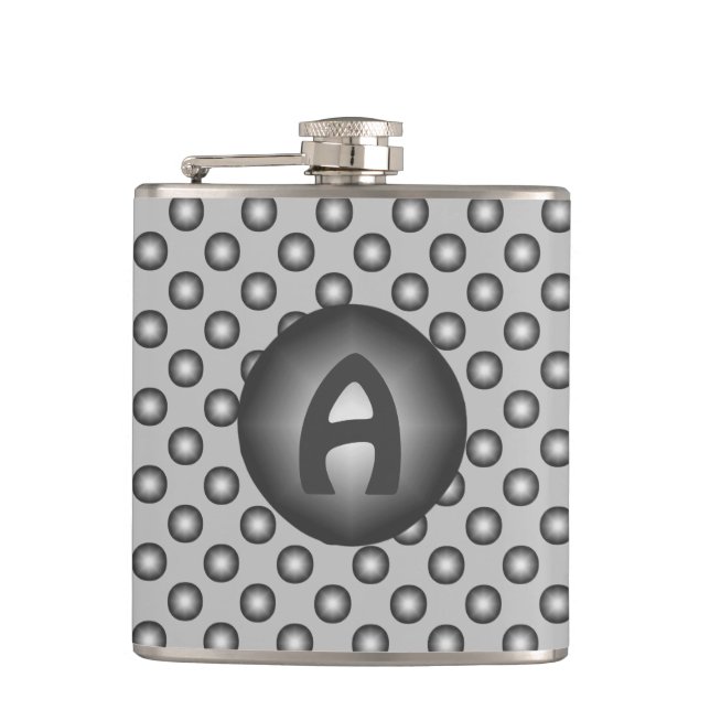 Monogram Modern Stylish Silver Polka Dot Hip Flask (Front)
