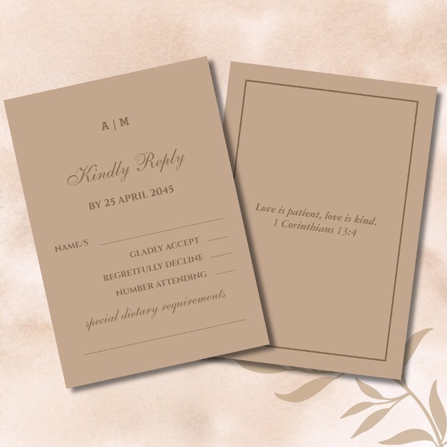 Monogram Modern Taupe Christian Wedding RSVP Card  (Creator Uploaded)