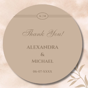 Monogram Modern Taupe Wedding Thank You Classic Round Sticker